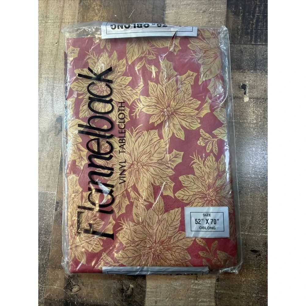 VTG Christmas Poinsettia Flannel Back Vinyl Tablecloth 52x70 Oblong Red Gold NOS
